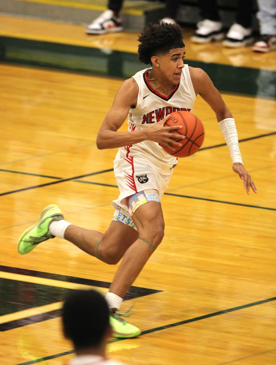 Newport sophomore Taylen Kinney races to the basket during the Ohio Valley Hoops Classic Dec. 1, 2023 at Mason's high school gymnasium. Newport beat two-time defending OHSAA Division IV state champion Richmond Heights 74-69, snapping the Spartans' 49-game win streak.