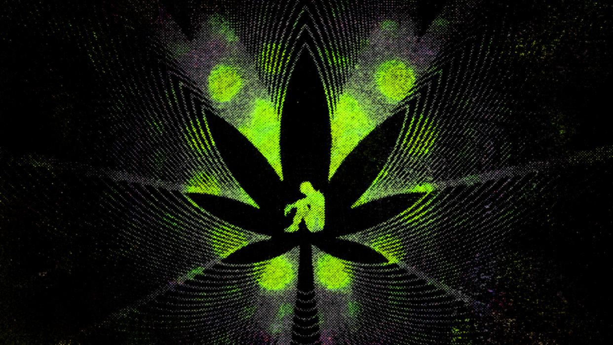 Marijuana leaf silhouette with a teen coping with depression.