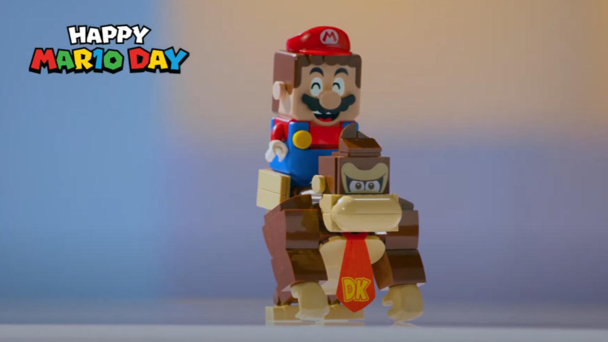  A Lego Donkey Kong figure, being ridden by Lego Mario 