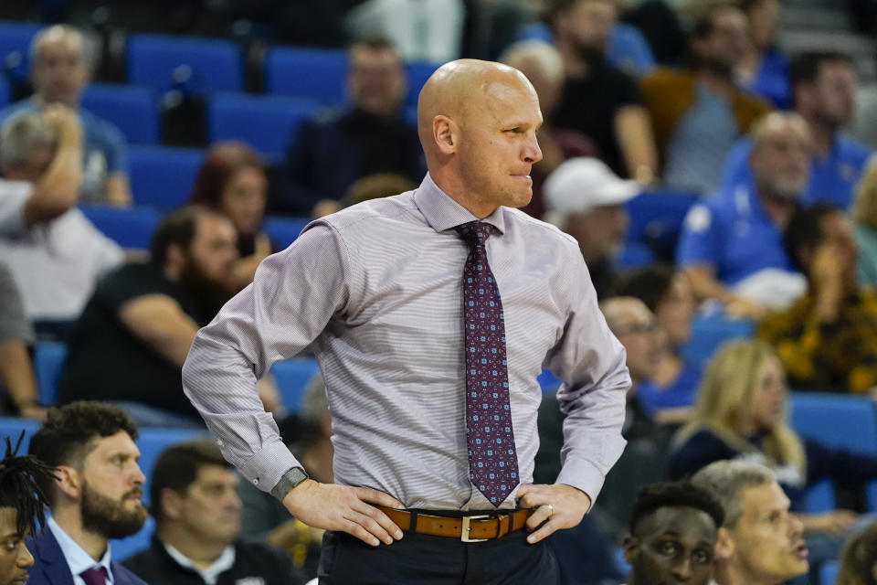 St. Francis head coach Rob Krimmel reacts from the sideline during the first half of an NCAA college basketball game against UCLA, Monday, Nov. 6, 2023, in Los Angeles. (AP Photo/Ryan Sun)