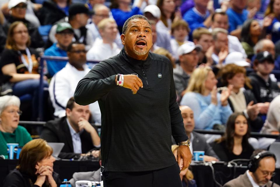 Mar 17, 2023; Greensboro, NC, USA; Providence Friars head coach Ed Cooley reacts in the first half against the Kentucky Wildcats at Greensboro Coliseum. Mandatory Credit: John David Mercer-USA TODAY Sports