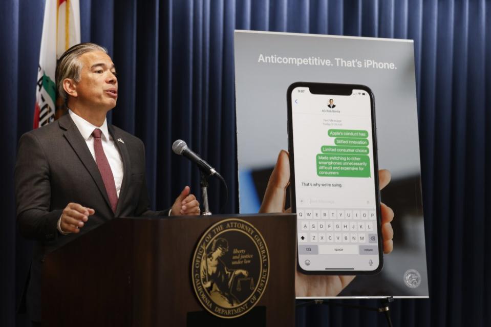 California’s AG Rob Bonta announces an antitrust case against Apple at the Ronald Reagan State Building in Los Angeles, California, USA, 21 March 2024. CAROLINE BREHMAN/EPA-EFE/Shutterstock