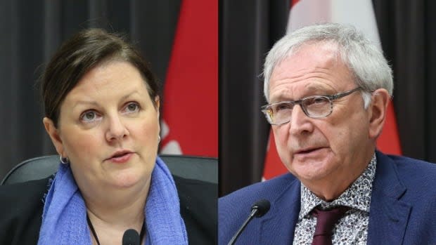 Dr. Jennifer Russell, chief medical officer of health, and Premier Blaine Higgs addressed the public Wednesday afternoon.  (Government of New Brunswick - image credit)