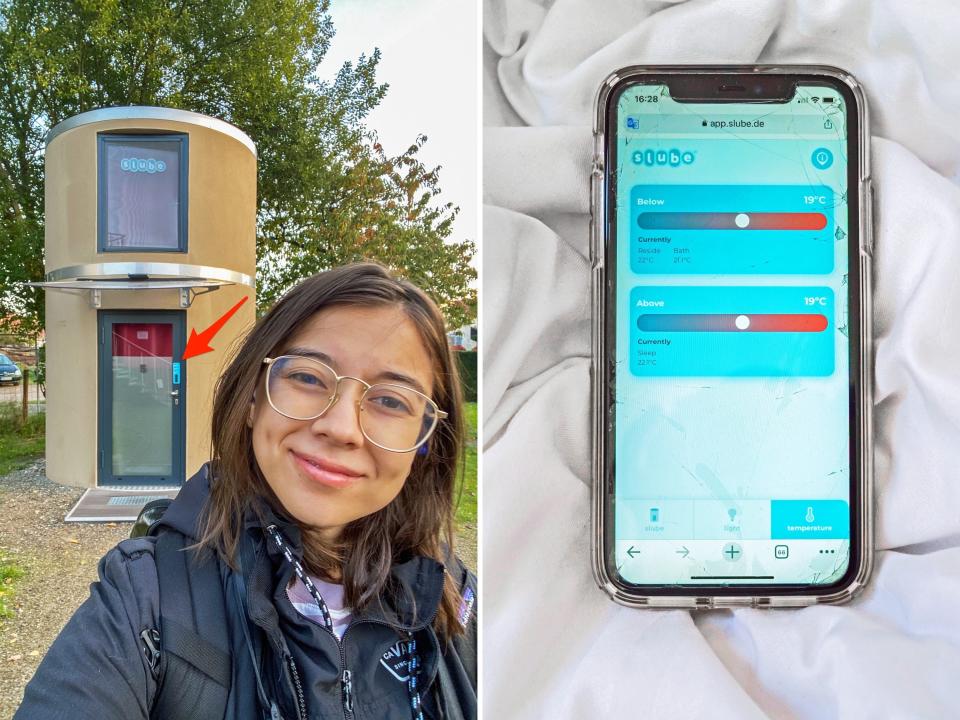 The author checks herself in (L) and controls the temperature of the tiny home from her phone (R).