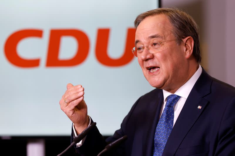 North Rhine-Westphalia's State Premier and new leader of the Christian Democratic Union (CDU) Armin Laschet speaks during a news conference at the CDU headquarters in Berlin