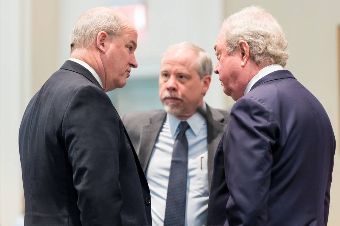 Defense attorney Jim Griffin and defense attorney Dick Harpootlian, right, speak with prosecutor Creighton Waters before day 16 of the double murder trial of Alex Murdaugh at the Colleton County Courthouse on Monday, Feb. 13, 2023. Jeff Blake/The State/Pool