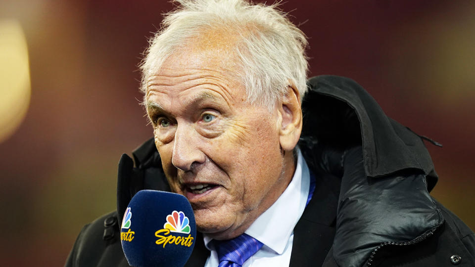 Martin Tyler is pictured presenting to camera at the FIFA World Cup.