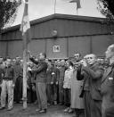 A picture taken in late April or early May 1945 shows French prisoners singing the national anthem, "La Marseillaise", after the camp was liberated by the US army on April 29, 1945