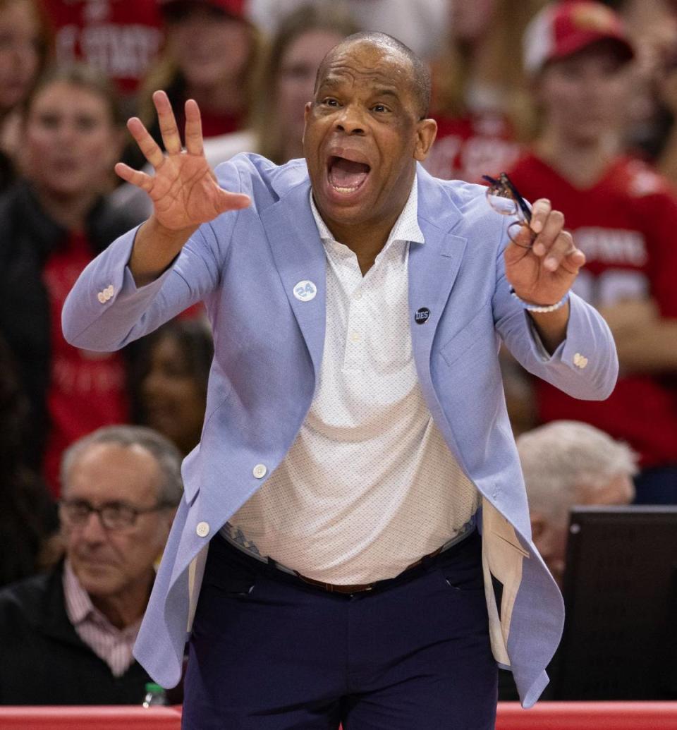 North Carolina coach Hubert Davis directs his team on defense in the first half against N.C. State on Wednesday, January 10, 2024 at PNC Arena in Raleigh, N.C.
