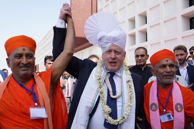Prime Minister Boris Johnson dressed in a turban during a visit to Gujarat Biotechnology Universit, in Gandhinagar, Gujarat, as part of his two-day trip to India 