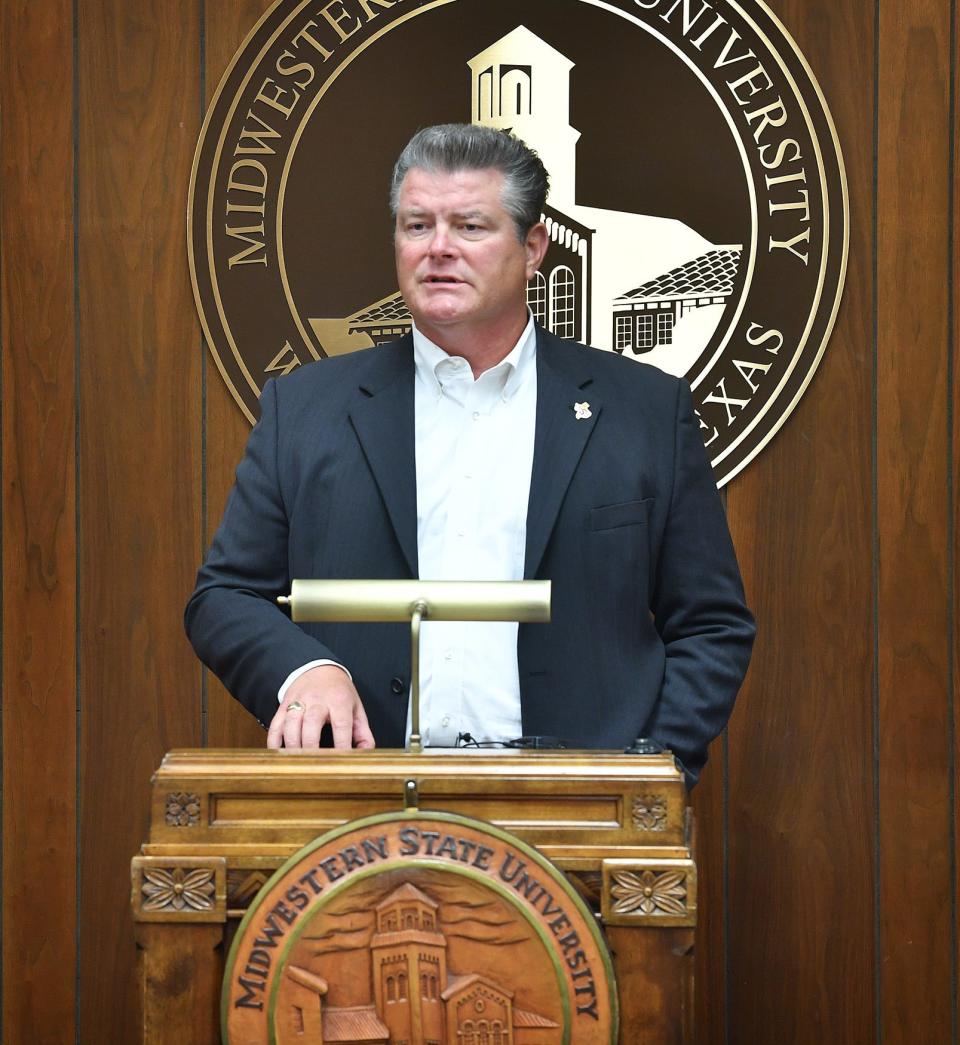 Texas Tech University chancellor Tedd Mitchell, M.D. speaks at Midwestern State University Aug. 16, 2021. MSU Texas became part of the Texas Tech system in September 2021.