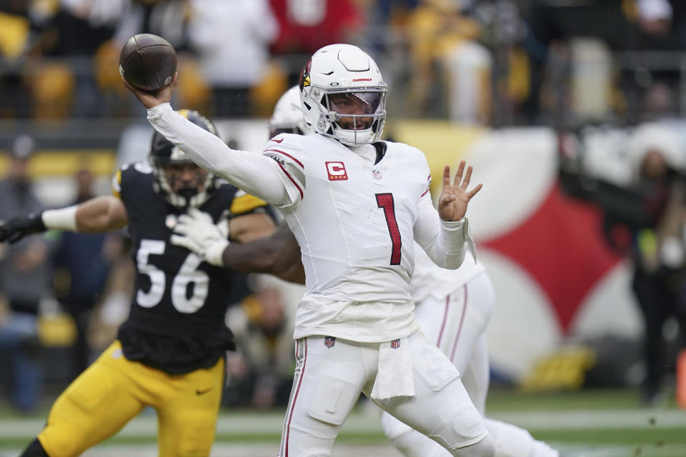 Arizona Cardinals quarterback Kyler Murray throws the ball against the Pittsburgh Steelers during the first half of an NFL football game, Sunday, Dec. 3, 2023, in Pittsburgh. (AP Photo/Matt Freed)