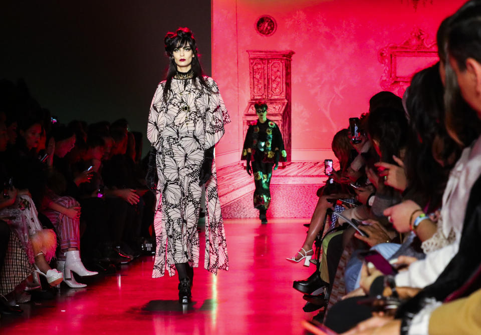 The latest fashion creation from Anna Sui is modeled during New York's Fashion Week, Monday, Feb. 10, 2020. (AP Photo/Bebeto Matthews)