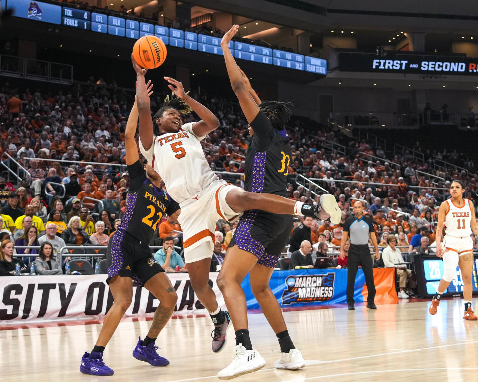 Texas forward DeYona Gaston and her frontcourt mates dominated in Saturday's 79-40 NCAA tourney opener over East Carolina at Moody Center. Texas meets Louisville in the second round Monday.