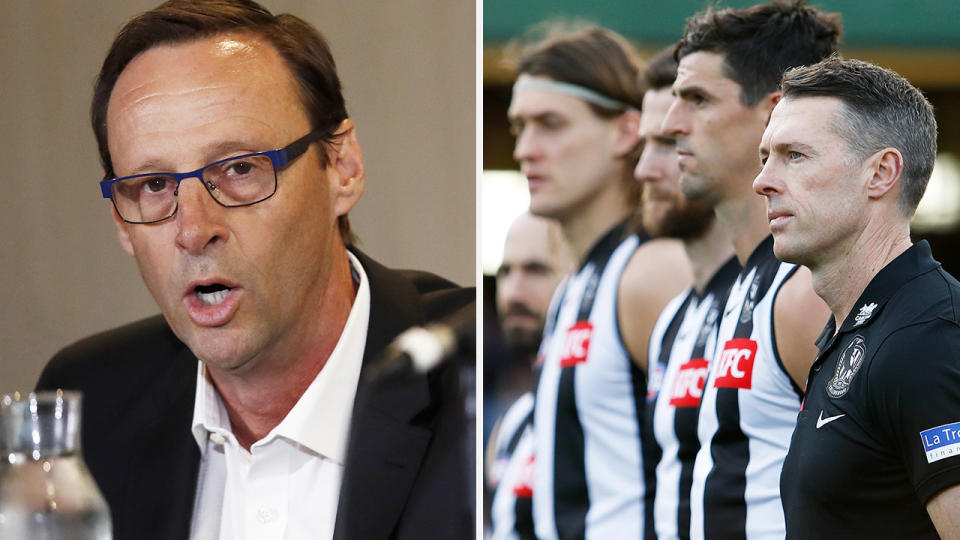 Collingwood CEO Mark Anderson is pictured left, with the Magpies lined up next to coach Craig McRae on the right.