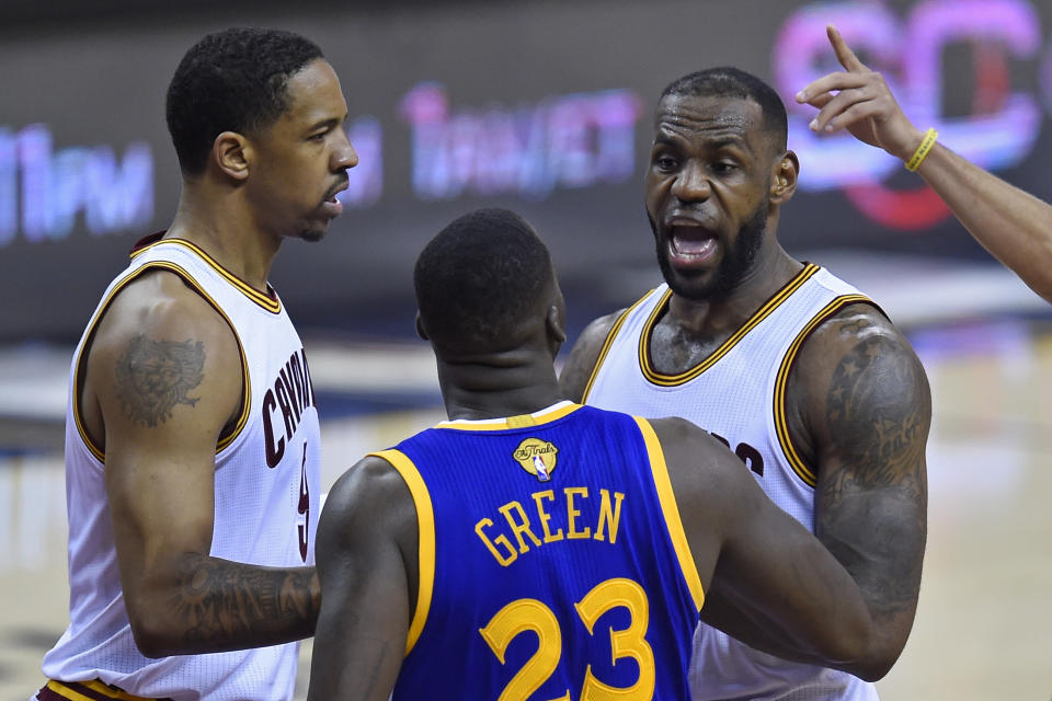 LeBron James was not happy with Draymond Green after being struck in the groin in the fourth quarter of Game 4 of the 2016 NBA Finals. (Jose Carlos Fajardo/Bay Area News via Getty Images)