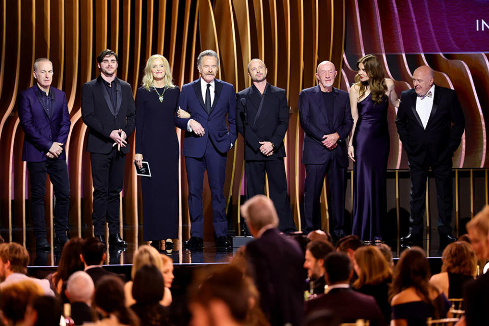 (L-R) Bob Odenkirk, RJ Mitte, Anna Gunn, Bryan Cranston, Aaron Paul, Jonathan Banks, Betsy Brandt, and Dean Norris speak onstage during the 30th Annual Screen Actors Guild Awards at Shrine Auditorium and Expo Hall on February 24, 2024 in Los Angeles, California.