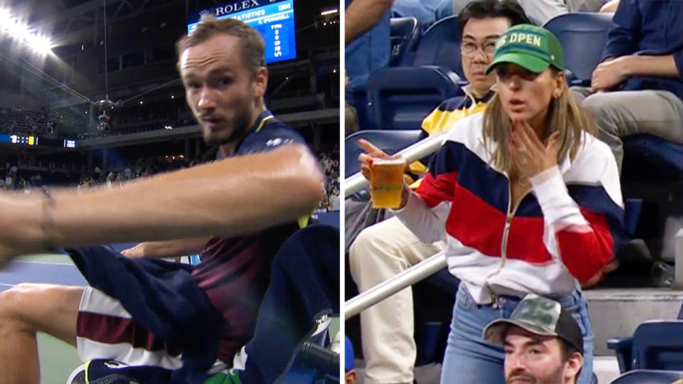 Daniil Medvedev hits the camera and a fan blows a kiss to Medvedev.