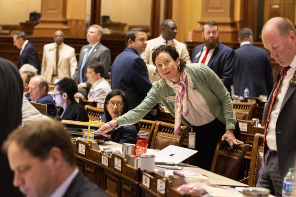 State Rep. Anne Allen Westbrook, D-Savannah, votes on Election Bill SB 189, regarding ballot scanners, at the House of Representatives in the Capitol in Atlanta on Sine Die, the last day of the legislative session, Thursday, March 28, 2024. (Arvin Temkar/Atlanta Journal-Constitution via AP)