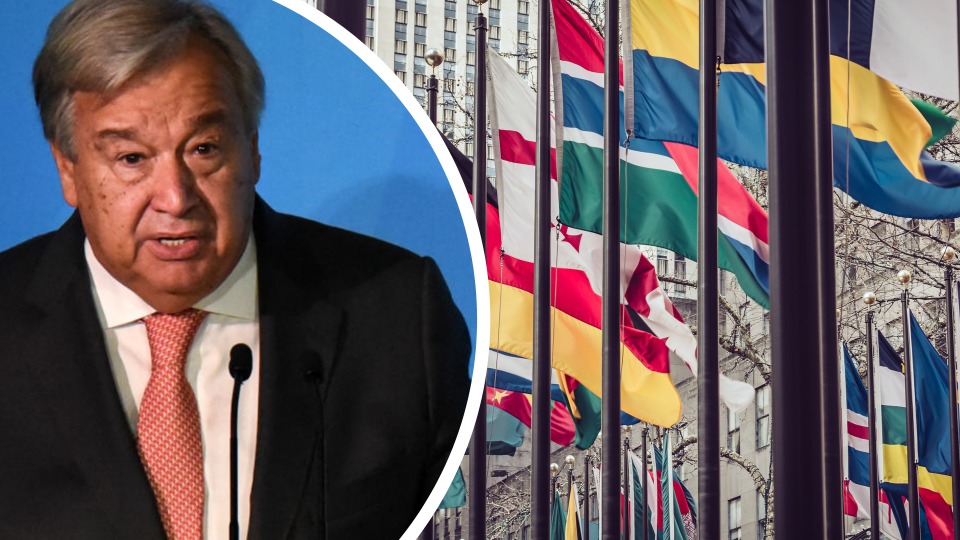 Pictured: United Nations Secretary-General Antonio Guterres, flags outside the UN. Images: Getty