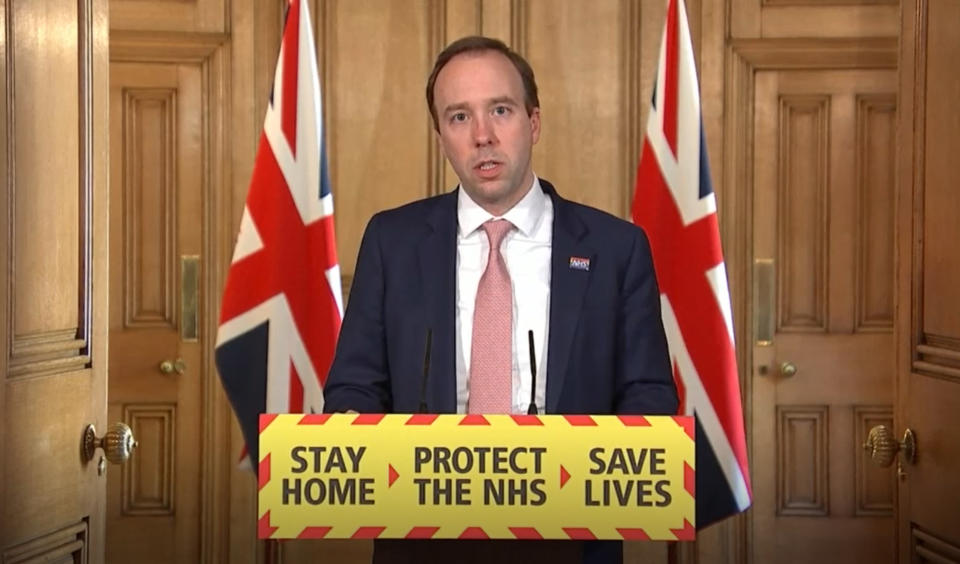 Screen grab of Health Secretary Matt Hancock during a media briefing in Downing Street, London, on coronavirus (COVID-19).