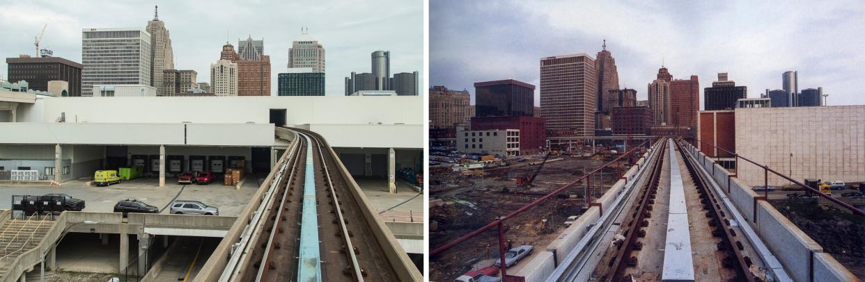 LEFT: The Detroit People Mover leaves the Huntington Place station in downtown Detroit on Wednesday, Sept. 20, 2023. RIGHT: View from the 1980s.