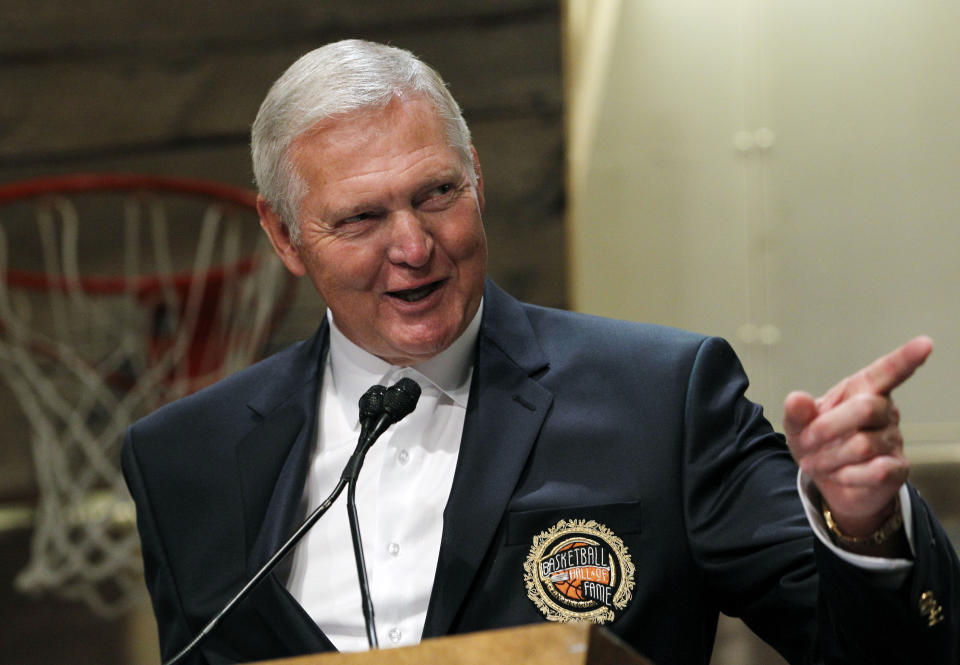 FILE - Basketball Hall of Fame inductee Jerry West, representing the 1960 USA Olympic Team, speaks during the enshrinement news conference at the Hall of Fame Museum in Springfield, Mass. Friday, Aug. 13, 2010. Jerry West, who was selected to the Basketball Hall of Fame three times in a legendary career as a player and executive and whose silhouette is considered to be the basis of the NBA logo, died Wednesday morning, June 12, 2024, the Los Angeles Clippers announced. He was 86.(AP Photo/Elise Amendola)