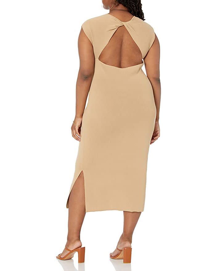 5) Laila Power Shoulder Twist Back Side Slit Midi Sweater Dress