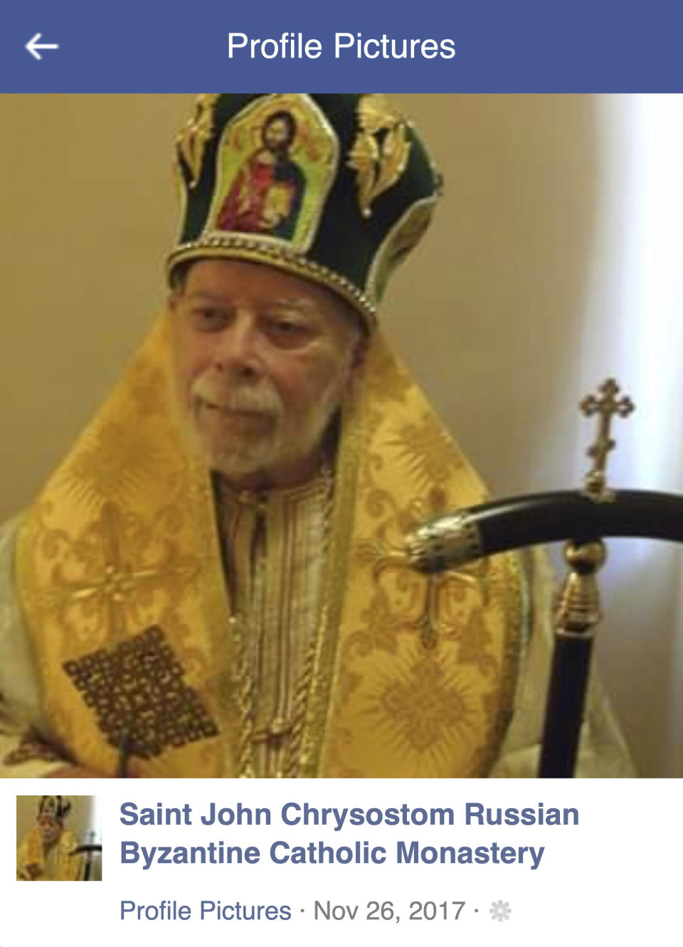 This undated photo posted to Facebook in 2017 shows Jerome Bernard Robben. Three decades earlier, Robben, a St. Louis Catholic high school teacher; and James A. Funke, a priest, went to prison for sexually abusing male students together. In 2017, this social media account identified Robben _ wearing a crown and gold vestments _ as the leader of a Russian Byzantine order raising money to build a monastery in Nevada. (AP Photo)