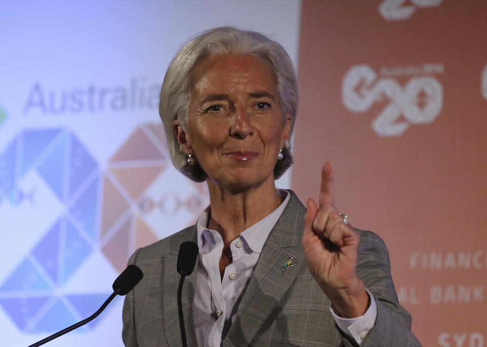 Managing Director of the International Monetary Fund Christine Lagarde gestures as she delivers a closing statement to the media during a press conference at the G-20 Finance Ministers and Central Bank Governors meeting in Sydney, Australia, Sunday, Feb. 23, 2014.(AP Photo/Rob Griffith)