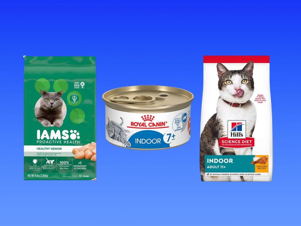 A collage of three different pet foods for senior animals on a blue gradient background.