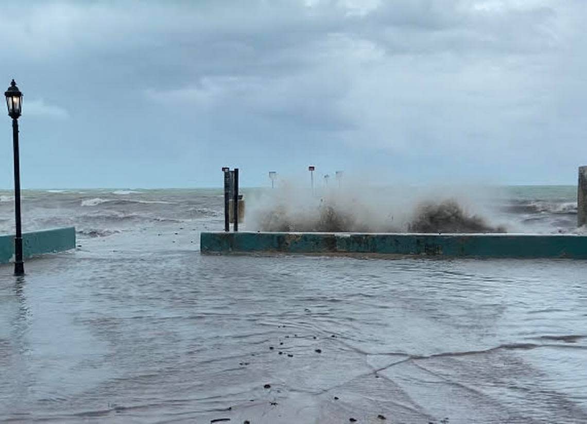 Waves crash into a sea wall at Southernmost Beach in Key West Tuesday, Sept. 27, 2022, as Hurricane Ian passed the Florida Keys, causing significant storm surge.