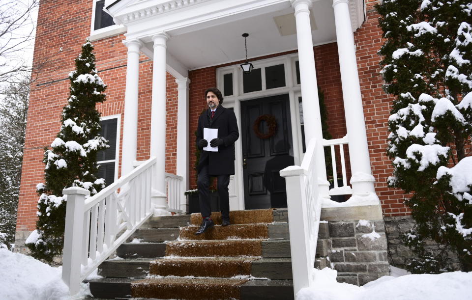 Prime Minister Justin Trudeau holds a press conference at Rideau Cottage in Ottawa on Friday, Jan. 22, 2021. (Sean Kilpatrick/The Canadian Press via AP)