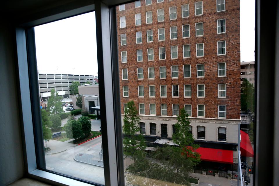 Skirvin Hilton Oklahoma City is seen outside an office window at the 101 Park Avenue Building in Oklahoma City.