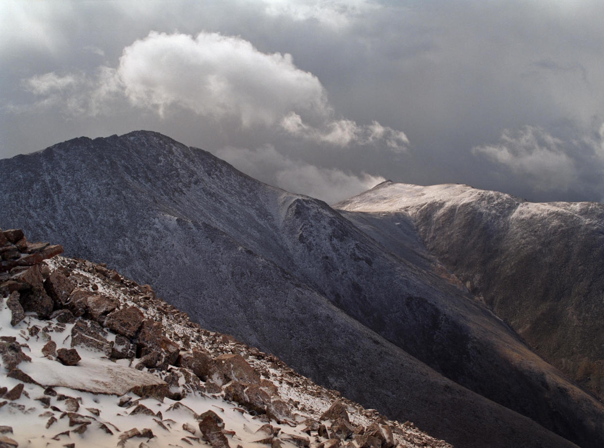 Snow and sleet fall on the rock covered slopes of Mount Shavano.  / Credit: Getty Images/iStockphoto