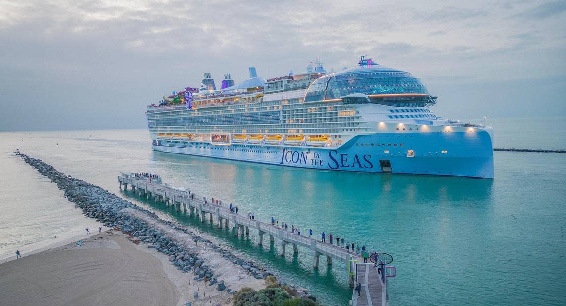 Royal Caribbean’s Icon of the Seas enters Government Cut early Wednesday morning during its first arrival into PortMiami, January 10, 2024.