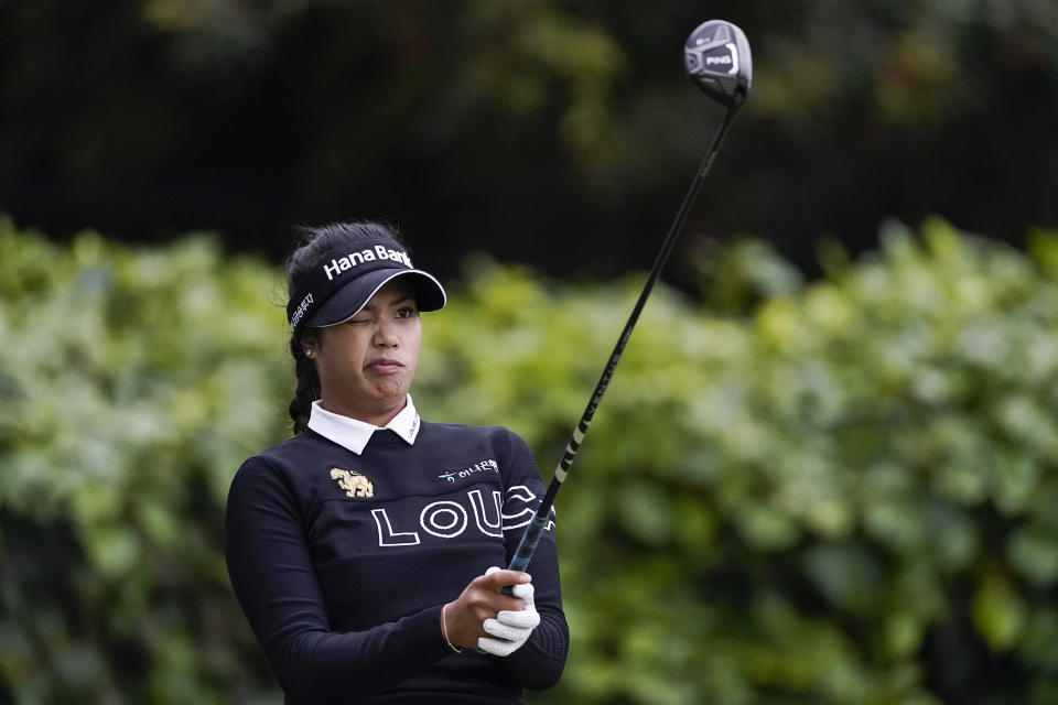 Patty Tavatanakit lines up her shot at the 10th tee during the second round of the LPGA's Hugel-Air Premia LA Open golf tournament at Wilshire Country Club Thursday, April 22, 2021, in Los Angeles. (AP Photo/Ashley Landis)