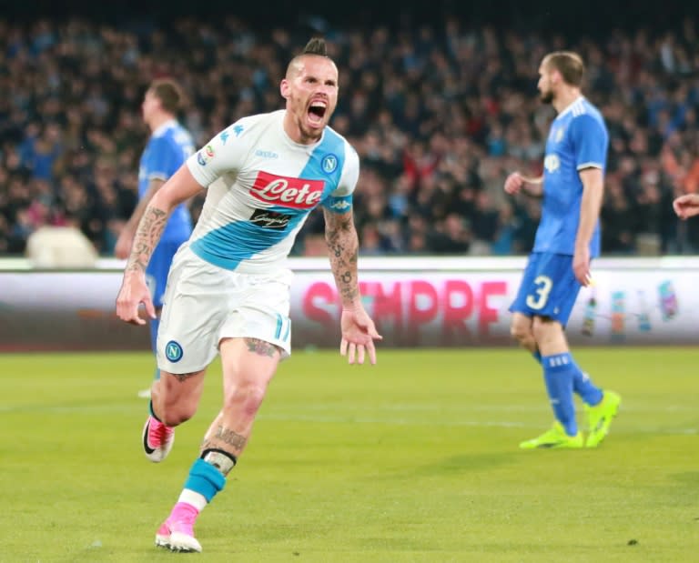 Napoli's midfielder Marek Hamsik celebrates after scoring against Juventus on April 2, 2017 at the San Paolo Stadium