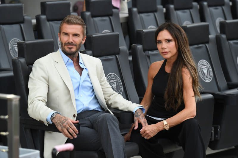 David Beckham and Victoria Beckham are seen during the Inter Miami CF League's Cup match against against Atlanta United at DRV PNK Stadium in 2023 in Fort Lauderdale, Fla. Victoria celebrated her 50th birthday this weekend with a star-studded party in London. File Photo by Larry Marano/UPI