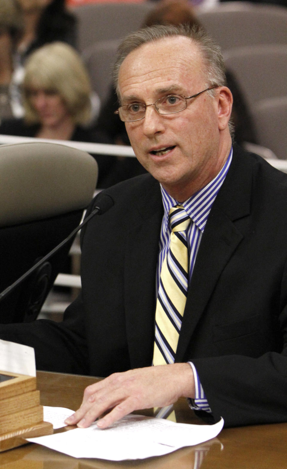 David Pickup, a licensed marriage and family therapist urges lawmakers to reject a bill that would ban a controversial form of psychotherapy aimed at making gay people straight, during a hearing at the Capitol in Sacramento, Calif., Tuesday, May 8, 2012. The bill, SB1172, by state Sen.Ted Lieu, D-Torrence, would prohibit so-called reparative therapy for minors and obligate adults to sign a release form stating that the counseling is ineffective and possibly dangerous. It was passed by the Senate Judiciary Committee 3-1. (AP Photo/Rich Pedroncelli)