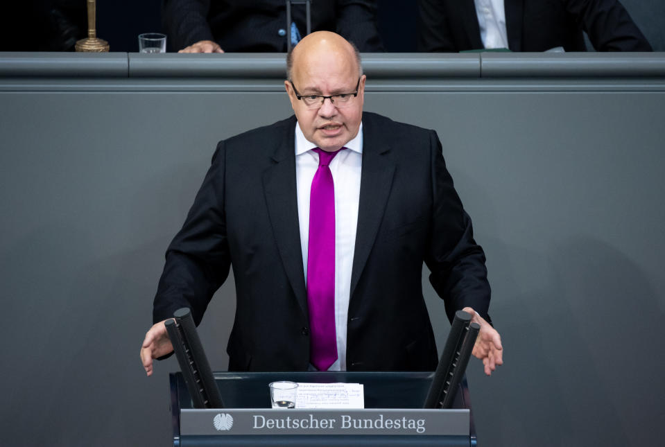 03 July 2020, Berlin: Peter Altmaier (CDU), Federal Minister of Economics and Energy, speaks in the plenary session of the German Bundestag. The main topics of the 171st session of the 19th legislative period will be the adoption of the Coal Exit Act, a topical hour on the excesses of violence in Stuttgart, as well as debates on electoral law reform, the protection of electronic patient data, the welfare of farm animals and the German chairmanship of the UN Security Council. Photo: Bernd von Jutrczenka/dpa (Photo by Bernd von Jutrczenka/picture alliance via Getty Images)