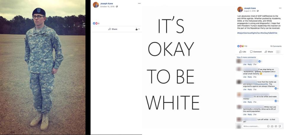 Joseph Kane, a member of&nbsp;the Texas Army National Guard,&nbsp;has shared on Facebook the &ldquo;It&rsquo;s okay to be white&rdquo; meme popular among white supremacists. (Photo: )