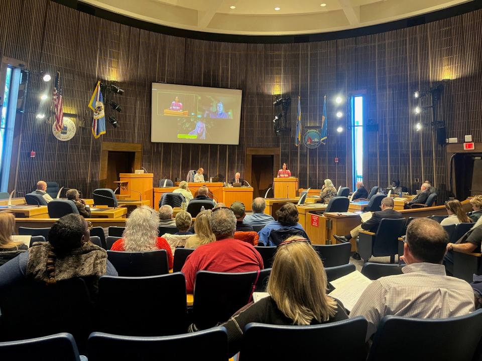 New Castle County land use manager Charuni Patibanda lays out a rezoning plan to a crowded room at the Feb. 6 meeting of the county's land use committee.