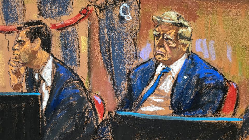 In this sketch from court, Donald Trump sits beside his lawyer Todd Blanche during jury selection. - Jane Rosenberg/Reuters