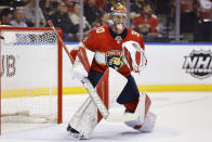 Florida Panthers goaltender Spencer Knight (30) guards the goal against the Arizona Coyotes during the first period of an NHL hockey game, Monday, Oct. 25, 2021, in Sunrise, Fla. (AP Photo/Michael Reaves)