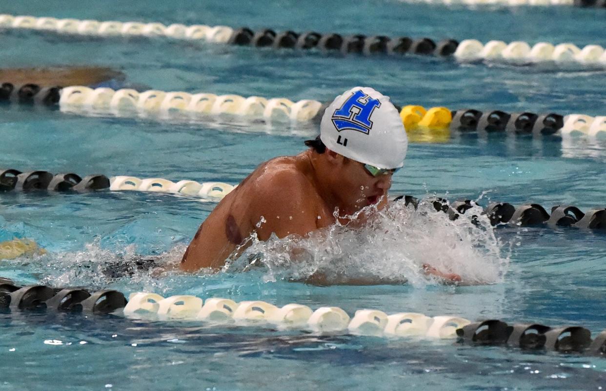 Shoonfon Li of Horseheads swims to first place in the 100-yard breaststroke at the Section 4 Class A boys swimming and diving championship meet Feb. 17, 2024 at Watkins Glen High School.