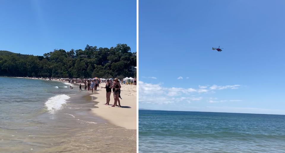 A view of beachgoers standing along the shore at Noosa Main Beach after a shark was spotted. 