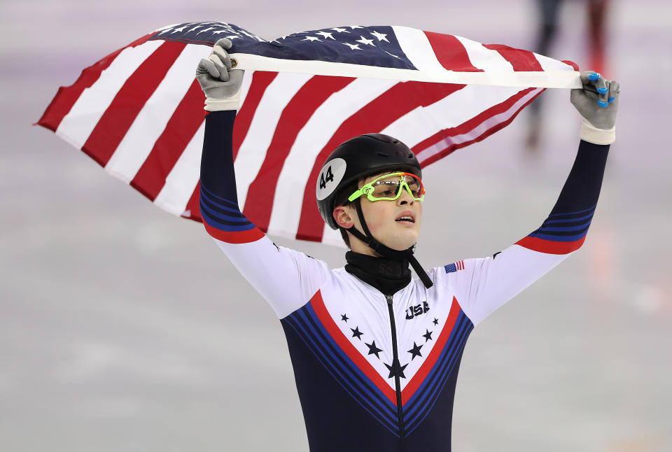 John Henry Krueger of United States celebrates second place in the Men’s 1000m Final during the Short Track Speed Skating. (Getty)