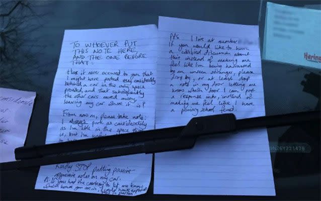 The driver responded after the first note was left on his windscreen. Source: Reddit