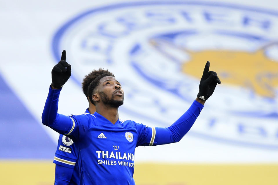Leicester's Kelechi Iheanacho celebrates after scoring his side's third goal during the English Premier League soccer match between Leicester City and Sheffield United at the King Power Stadium in Leicester, England, Sunday, March 14, 2021. (Lindsey Parnaby/Pool via AP)
